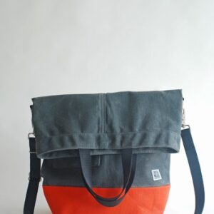 Upright tote- Grey waxed canvas/orange waxed bottom/black strap