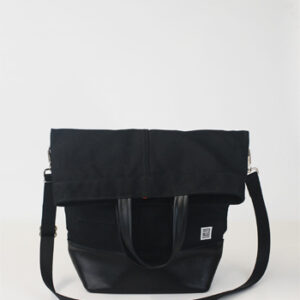 Upright tote- Black waxed canvas/black leather bottom and handles/black strap