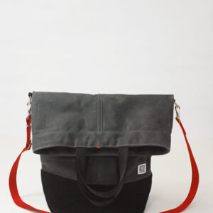 Upright tote- Grey waxed canvas/black canvas bottom/red strap