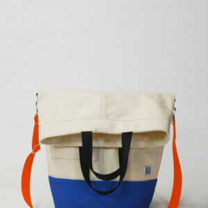 Upright tote- Natural canvas/bluebird bottom/hot orange strap