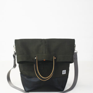 Upright tote- Army green canvas/black leather bottom/black bridle leather handles/grey strap