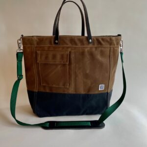 Driver bag- Tan waxed canvas, black bridle leather handles, green strap